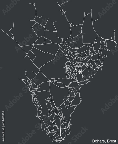 Detailed hand-drawn navigational urban street roads map of the BOHARS COMUNE of the French city of BREST, France with vivid road lines and name tag on solid background