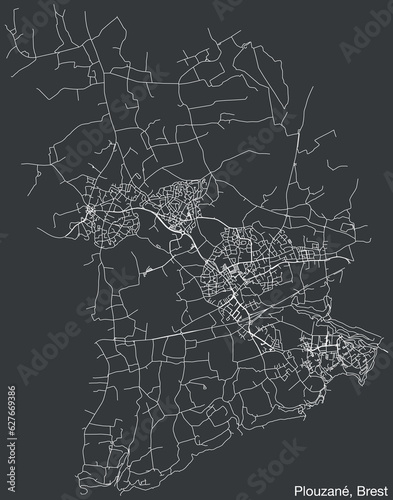Detailed hand-drawn navigational urban street roads map of the PLOUZANÉ COMUNE of the French city of BREST, France with vivid road lines and name tag on solid background