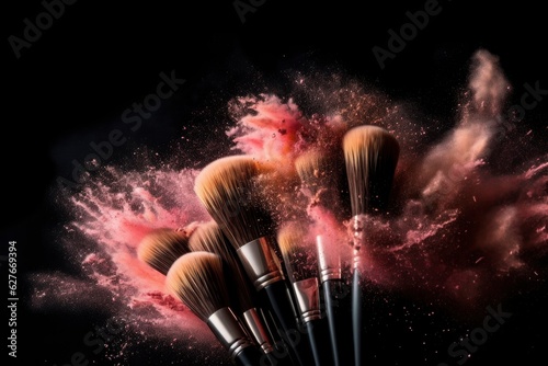 cosmetic make up brushes and powder splash isolated black background