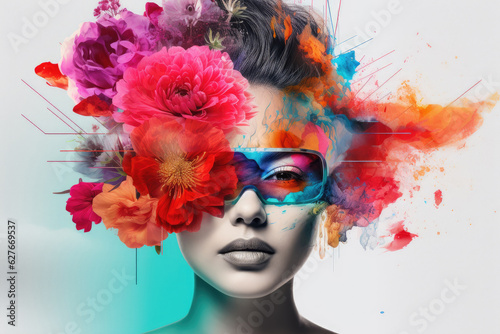 Portrait of woman in blue sunglasses and flower splash