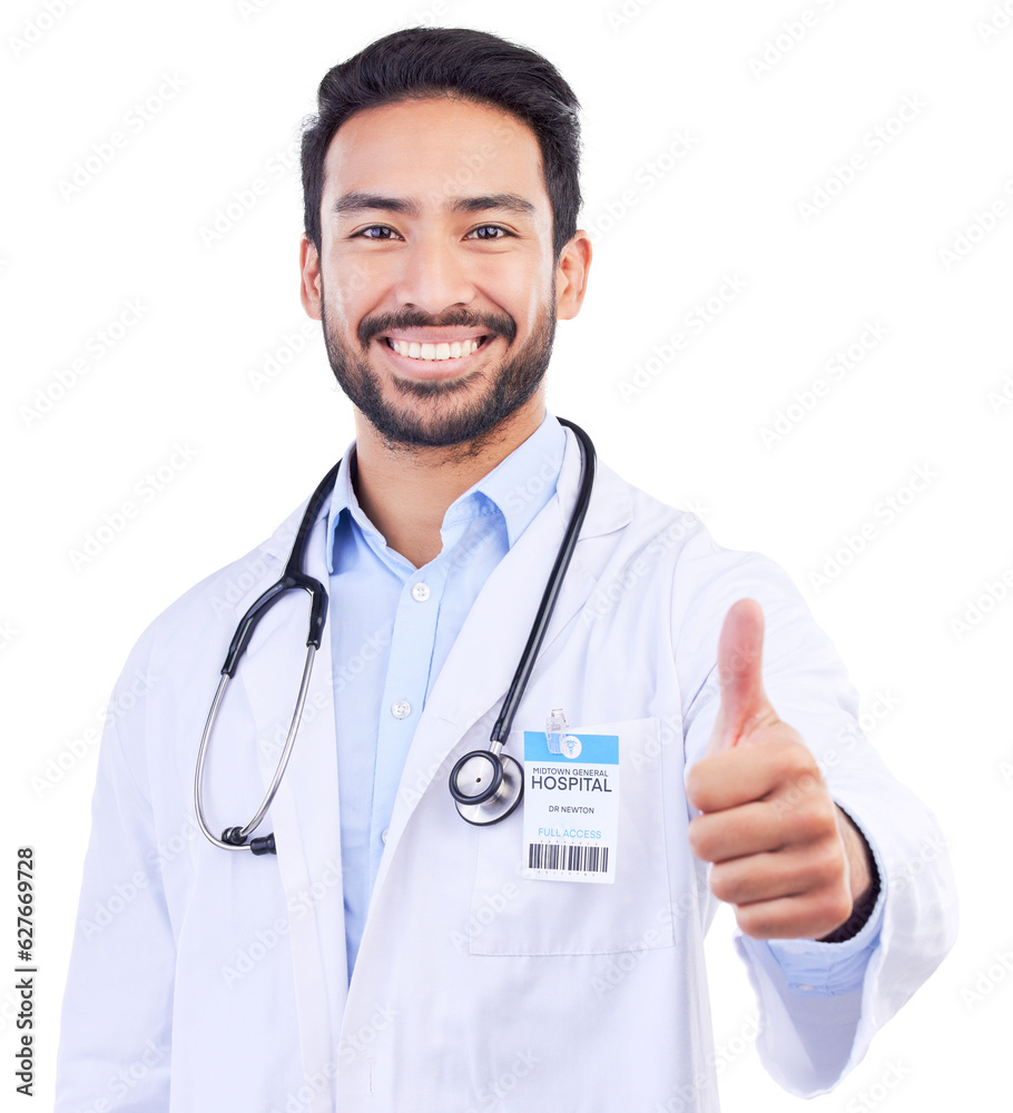 Man, doctor portrait and thumbs up with smile from healthcare and medical work in studio. Isolated, white background and happy male professional with emoji and yes hand gesture for success and like Man, doctor portrait and thumbs up with smile from healthcare and medical work in studio. Isolated, white background and happy male professional with emoji and yes hand gesture for success and like