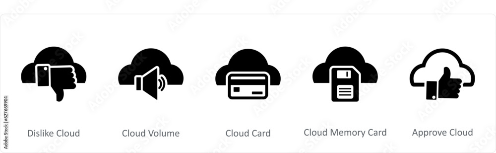 A set of 5 Internet icons as dislike cloud, cloud volume, cloud card A set of 5 Internet icons as dislike cloud, cloud volume, cloud card