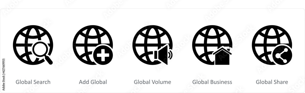 A set of 5 Internet icons as global search, add global, global volume A set of 5 Internet icons as global search, add global, global volume