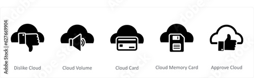 A set of 5 Internet icons as dislike cloud, cloud volume, cloud card