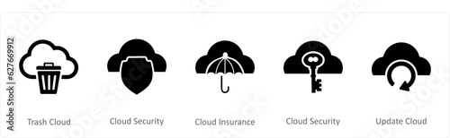 A set of 5 Internet icons as trash cloud, cloud security, cloud insurance
