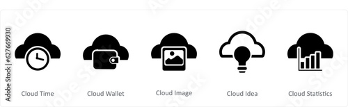 A set of 5 Internet icons as cloud time, cloud wallet, cloud image