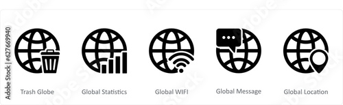 A set of 5 Internet icons as trash globe  global statistics  global wifi