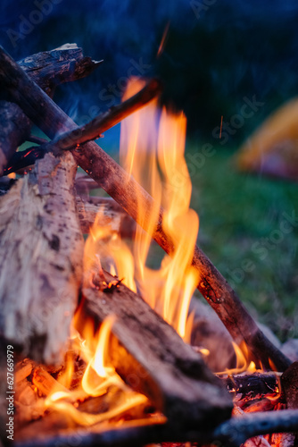 Close up of warm campfire at evening. Fire burning near forest in night. Beautiful bonfire, burning wood in summertime. Active lifestyle, traveling, hiking. Camping vibes and outdoor lifestyle mood