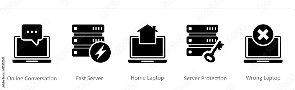 A set of 5 Internet icons as online conversation, fast server, home laptop A set of 5 Internet icons as online conversation, fast server, home laptop
