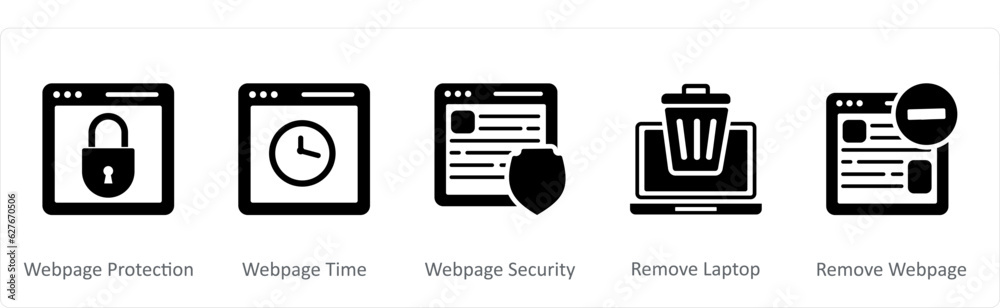 A set of 5 Internet icons as webpage protection, webpage time, webpage security A set of 5 Internet icons as webpage protection, webpage time, webpage security