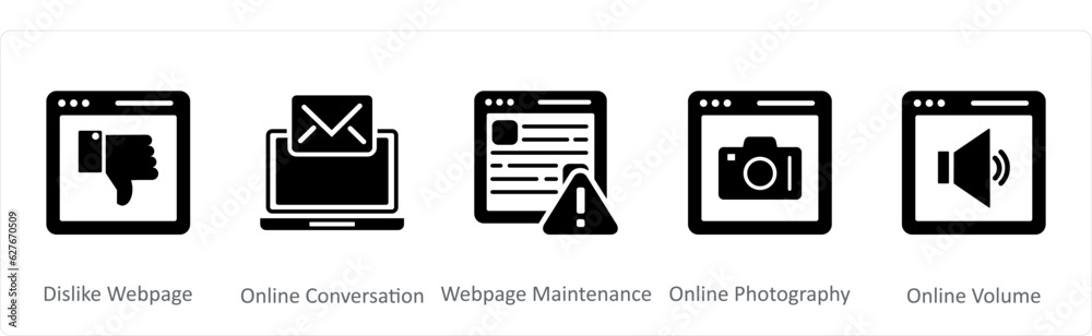 A set of 5 Internet icons as dislike webpage, online conversation, webpage maintenanc