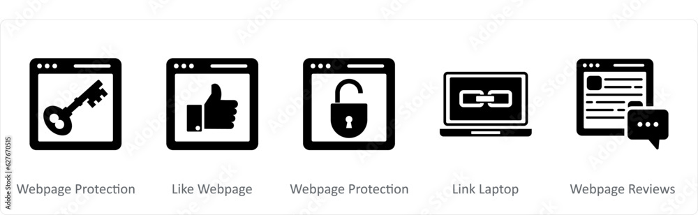 A set of 5 Internet icons as webpage protection, like webpage, link laptop A set of 5 Internet icons as webpage protection, like webpage, link laptop
