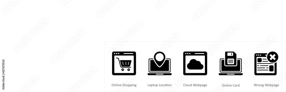 A set of 5 Internet icons as online shopping, laptop location, cloud webpage A set of 5 Internet icons as online shopping, laptop location, cloud webpage