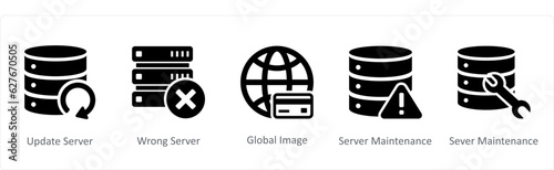 A set of 5 Internet icons as update server, wrong server, global image