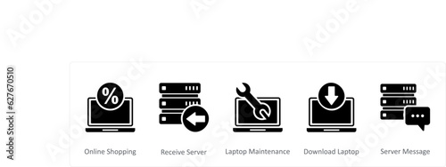 A set of 5 Internet icons as online shopping, receive server, laptop maintenance