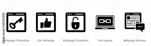 A set of 5 Internet icons as webpage protection, like webpage, link laptop