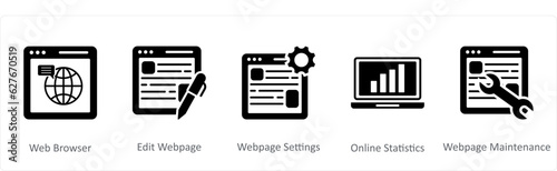 A set of 5 Internet icons as web browser, edit webpage, webpage settings
