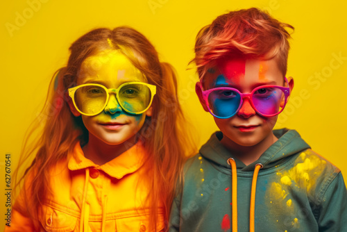 two funny schoolkids boy and girl in glasses with colorful paint on the skin