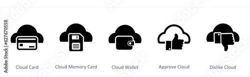A set of 5 Internet icons as cloud card, cloud memory card, cloud wallet