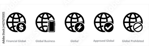 A set of 5 Internet icons as financial global, global business, global