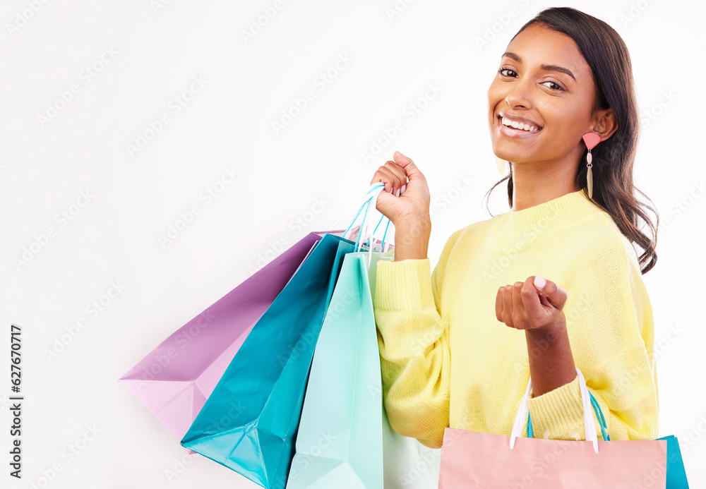 Fashion, shopping bag and space with portrait of woman in studio for product, boutique and deal. Giveaway, promotion and retail with female customer on white background for mall, mockup or store Fashion, shopping bag and space with portrait of woman in studio for product, boutique and deal. Giveaway, promotion and retail with female customer on white background for mall, mockup or store