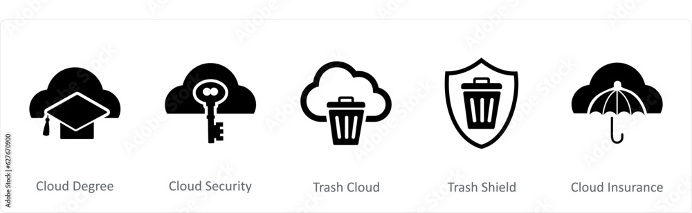 A set of 5 Internet icons as cloud degree, cloud security, trash cloud A set of 5 Internet icons as cloud degree, cloud security, trash cloud
