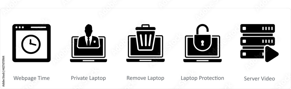 A set of 5 Internet icons as webpage time, private laptop, remove laptop A set of 5 Internet icons as webpage time, private laptop, remove laptop