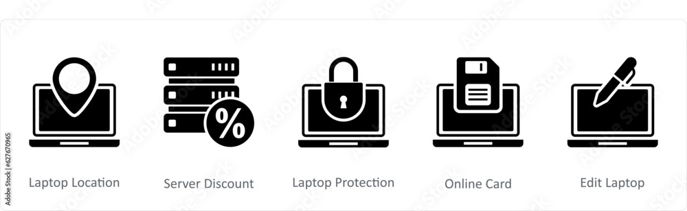 A set of 5 Internet icons as laptop location, server discount, laptop protection A set of 5 Internet icons as laptop location, server discount, laptop protection