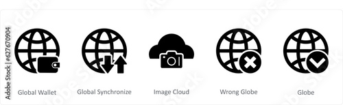 A set of 5 Internet icons as global wallet, global synchronize, image cloud