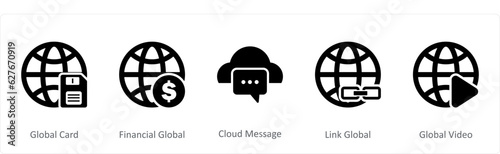 A set of 5 Internet icons as global card, financial global, cloud message