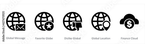 A set of 5 Internet icons as global message, favorite globe, dislike global 