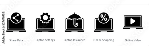 A set of 5 Internet icons as share data, laptop settings, laptop insurance