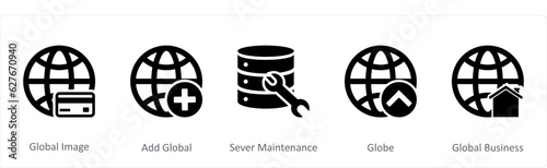 A set of 5 Internet icons as global image, add global, server maintenance
