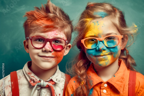 two funny schoolkids boy and girl in glasses with colorful paint on the skin