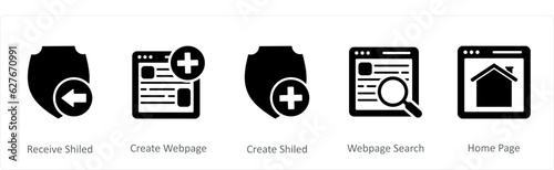 A set of 5 Internet icons as receive shield, create webpage, create shield