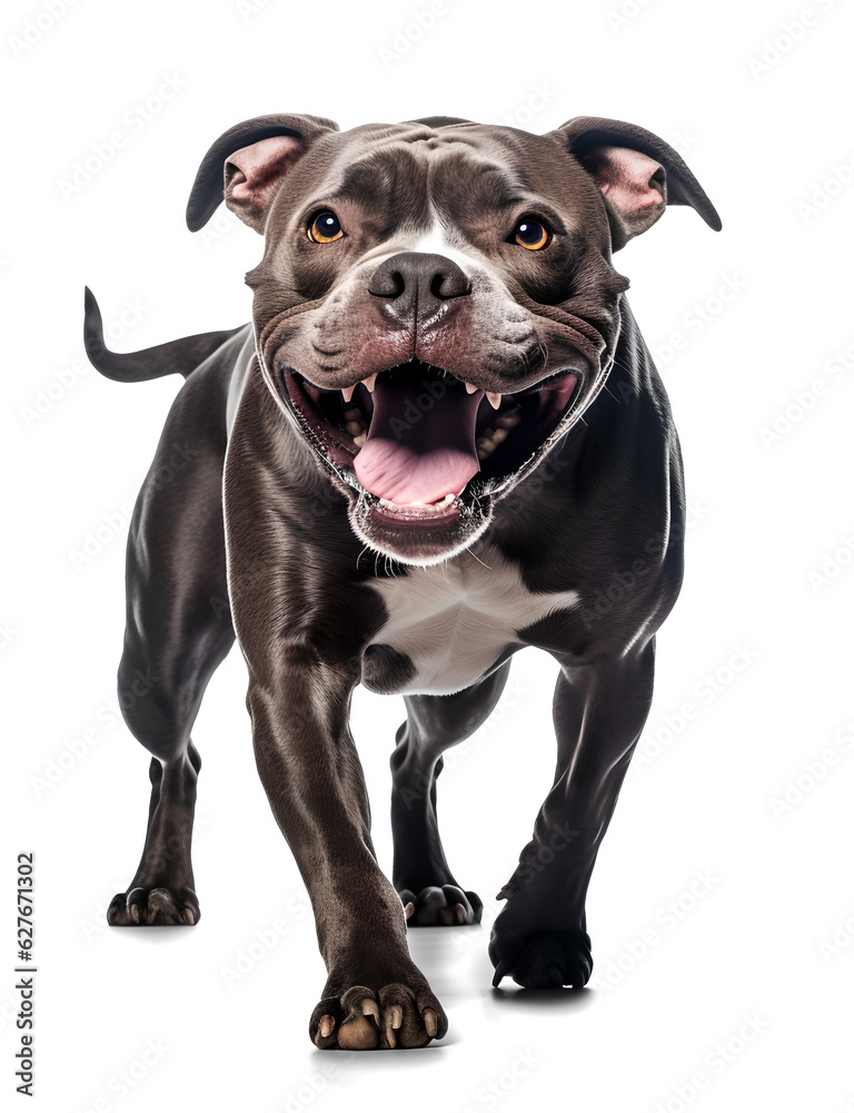 scary pit bull with open mouth on isolated background, generative ai