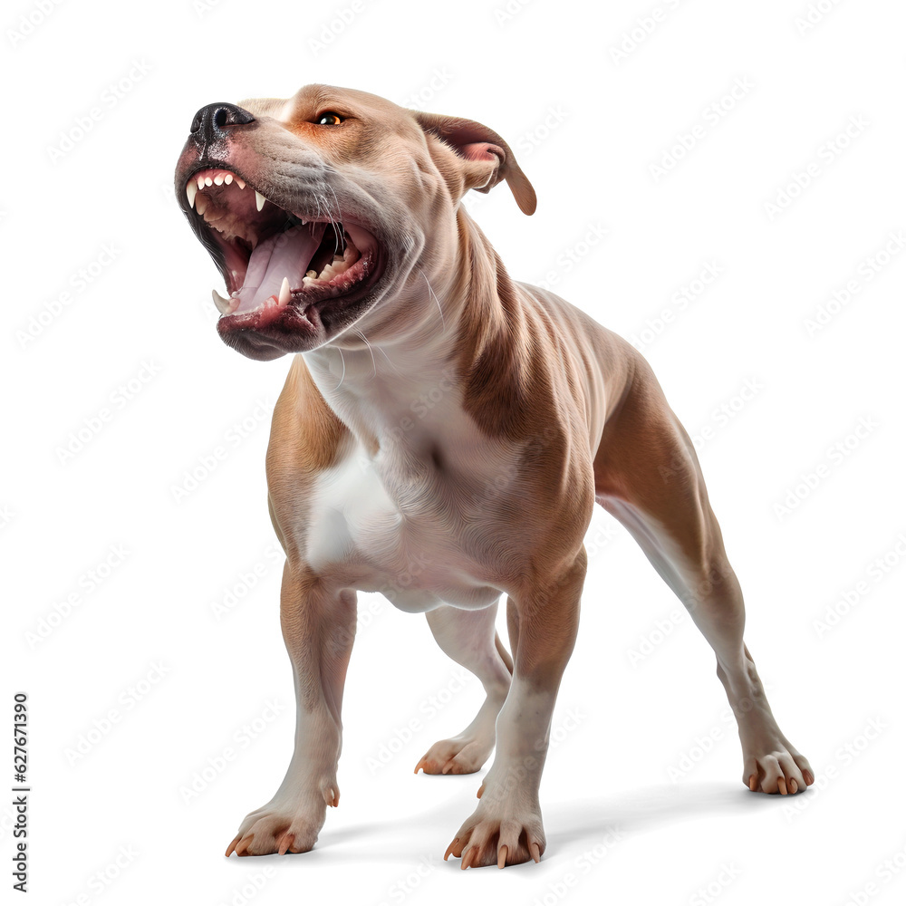 pitbull dog portrait with open mouth on isolated background, generative ai