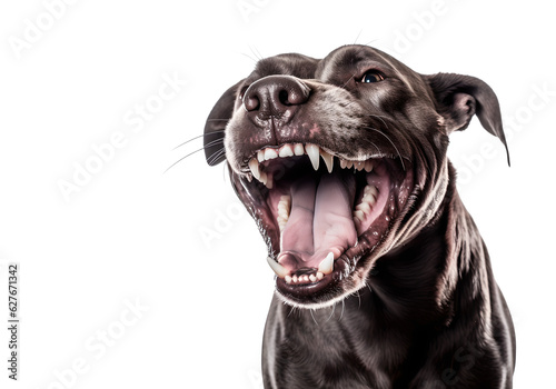 Leinwand Poster scary dangerous pit bull with open mouth on isolated background, generative ai