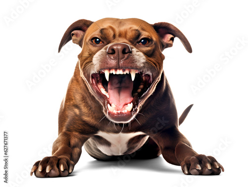 Fotografia dangerous pit bull dog showing fangs on isolated background, generative ai
