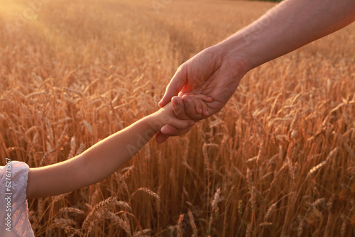 father with child in wheat field  concept of family  support