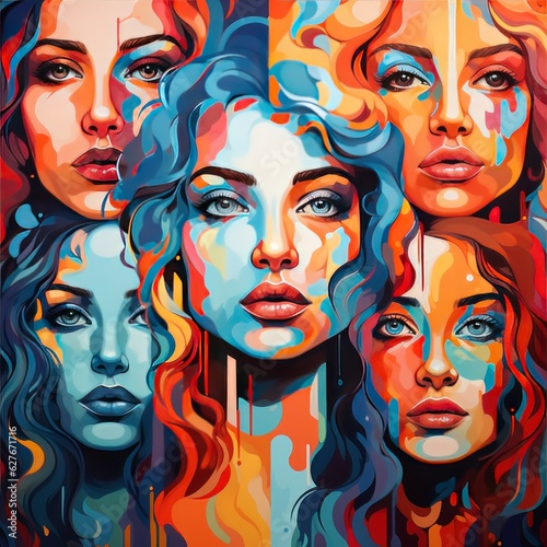 Colorful illustration of women faces. colorful woman face collage. Abstract concept of different personalities. Face Pattern. Made With Generative AI.