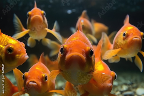 group of funny Goldfish making selfie standing upright and looking attentively at the camera, generative AI
