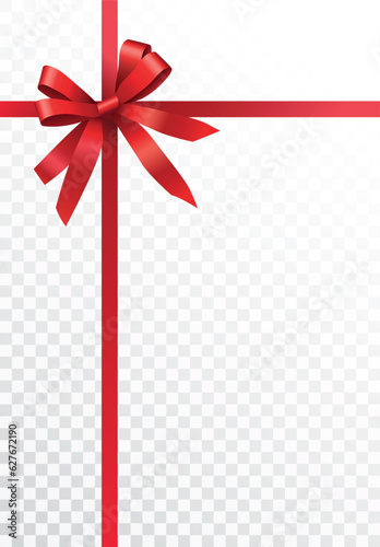 Vector realistic gift wrapping design with shiny red ribbons and bow isolated on transparent background