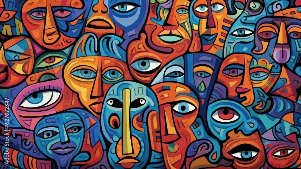 Colorful abstract background with faces of people. Multicolored.