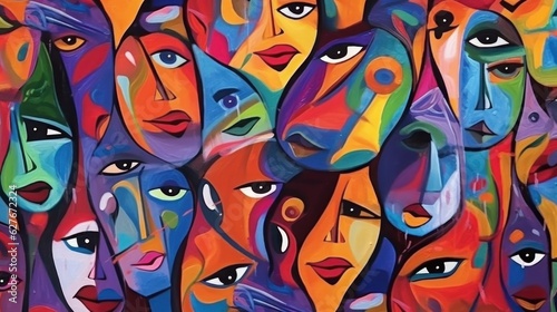 abstract colorful portrait of a group of people with different skin color