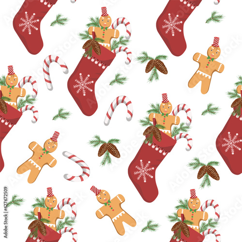 Seamless pattern Christmas sock with gingerbread man,spruce branch,cones and lollipops, isolated on a white background.Vector pattern for Christmas,holiday designs,textiles,backgrounds,postcards