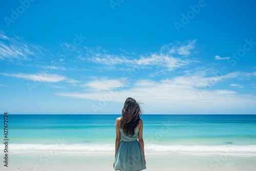 Blue sky seaside woman. Generate Ai