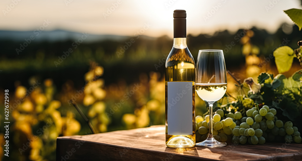 A bottle of wine in vineyard in a grass in the evening light of sun 