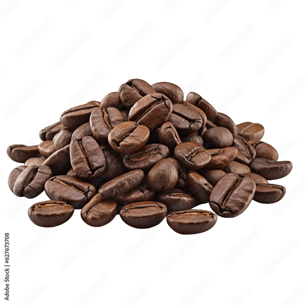 Bunch of roasted coffee grains on cutout PNG transparent background. Generative AI Bunch of roasted coffee grains on cutout PNG transparent background. Generative AI