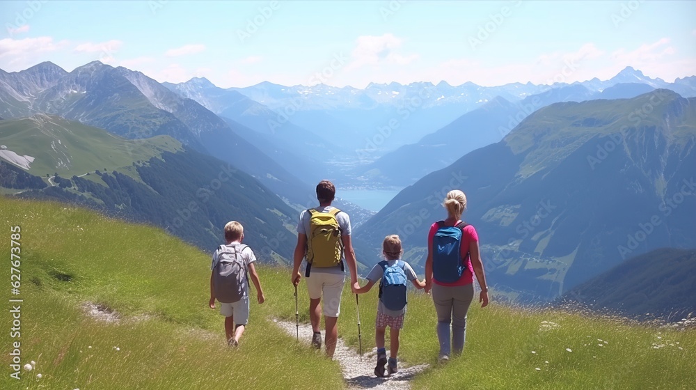 family with kids hiking in mountains. Generative AI family with kids hiking in mountains. Generative AI